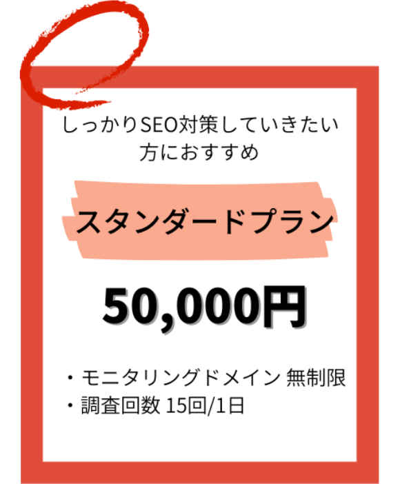 しっかりSEO対策していきたい方におすすめスタンダードプラン 50,000円・モニタリングドメイン 無制限・調査回数 15回/1日