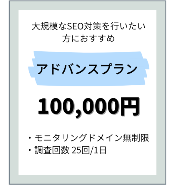 大規模なSEO対策を行いたい方におすすめアドバンスプラン 100,000円・モニタリングドメイン 無制限・調査回数 25回/1日